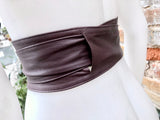 DARK BROWN obi belt. Wrap belt in soft genuine leather. Wraparound waist belt. Wide style. Boho dress belt in chocolate brown.