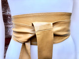 Mustard yellow obi belt. Wrap belt in soft genuine leather. Wraparound waist belt. Wide style. Boho dress belt in yellow