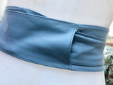 Denim blue obi belt. Wrap belt in soft genuine leather. Wraparound waist belt. Wide style. Blue boho dress belt in blue-gray