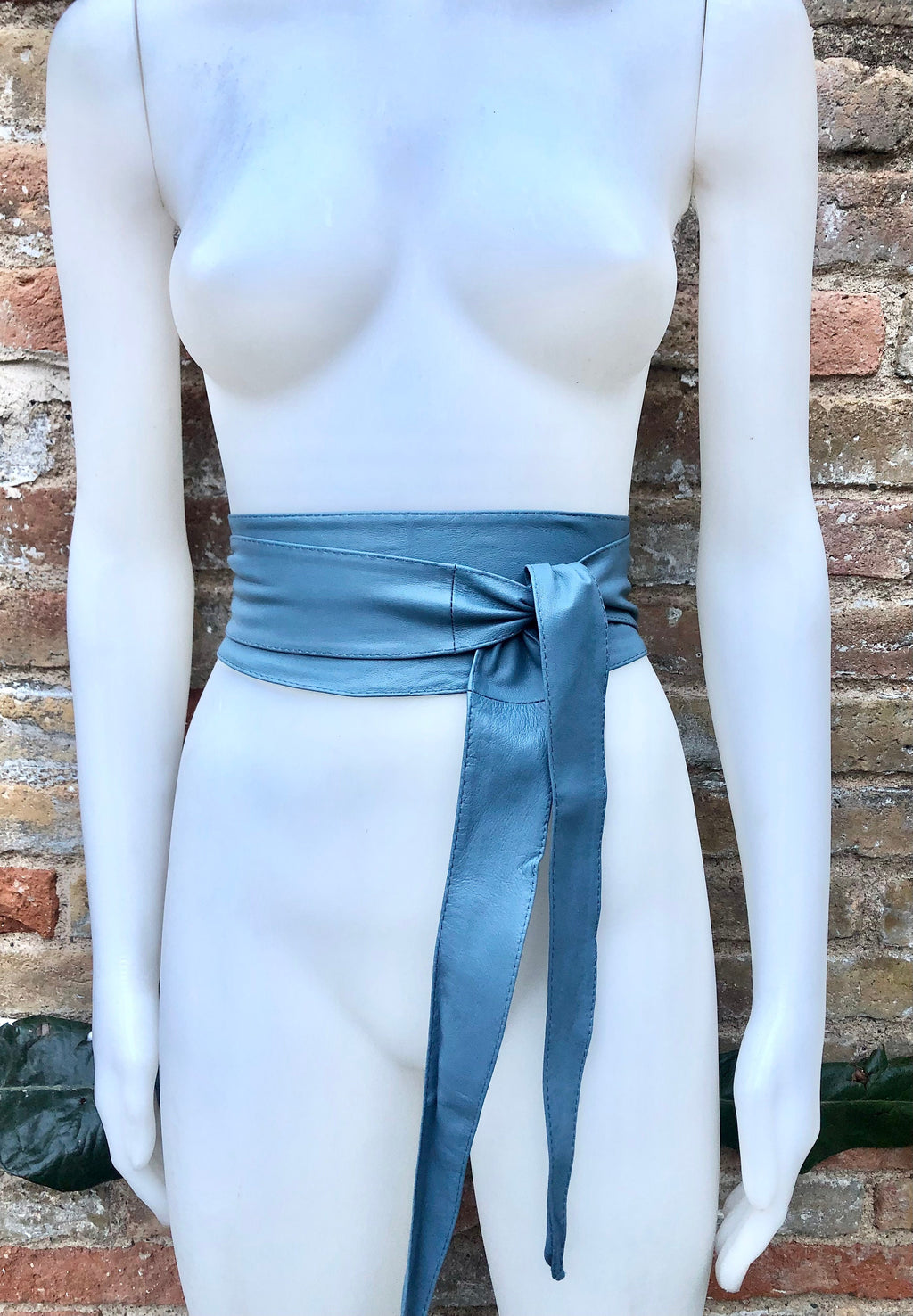 Denim blue obi belt. Wrap belt in soft genuine leather. Wraparound waist belt. Wide style. Blue boho dress belt in blue-gray