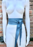 Denim blue obi belt. Wrap belt in soft genuine leather. Wraparound waist belt. Wide style. Blue boho dress belt in blue-gray