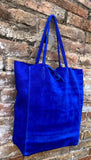 ROYAL blue TOTE leather bag. Soft natural genuine suede leather. Cobalt blue suede shopper for your laptop, tablet, books. Blue suede purse