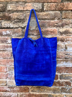 ROYAL blue TOTE leather bag. Soft natural genuine suede leather. Cobalt blue suede shopper for your laptop, tablet, books. Blue suede purse