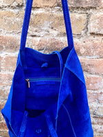 ROYAL blue TOTE leather bag. Soft natural genuine suede leather. Cobalt blue suede shopper for your laptop, tablet, books. Blue suede purse