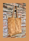 Camel brown TOTE leather bag.Soft natural genuine suede leather. Saddle brown suede shopper for your laptop, tablet, books.Brown suede purse