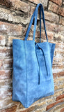 Denim blue TOTE leather bag. Soft natural genuine suede leather. Blue - gray suede shopper for your laptop, tablet, books. Blue suede purse