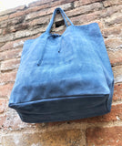 Denim blue TOTE leather bag. Soft natural genuine suede leather. Blue - gray suede shopper for your laptop, tablet, books. Blue suede purse