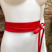 Obi belt in soft leather. Narrow style. RED Wrap belt. Wraparound waist belt in genuine leather. RED boho wide dress belt.