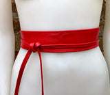 Obi belt in soft leather. Narrow style. RED Wrap belt. Wraparound waist belt in genuine leather. RED boho wide dress belt.