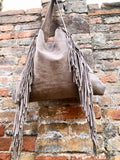 Shoulder bag. BOHO suede leather bag in taupe brown with FRINGES. Genuine leather light brown slouchy hippy bag. Brown suede purse.