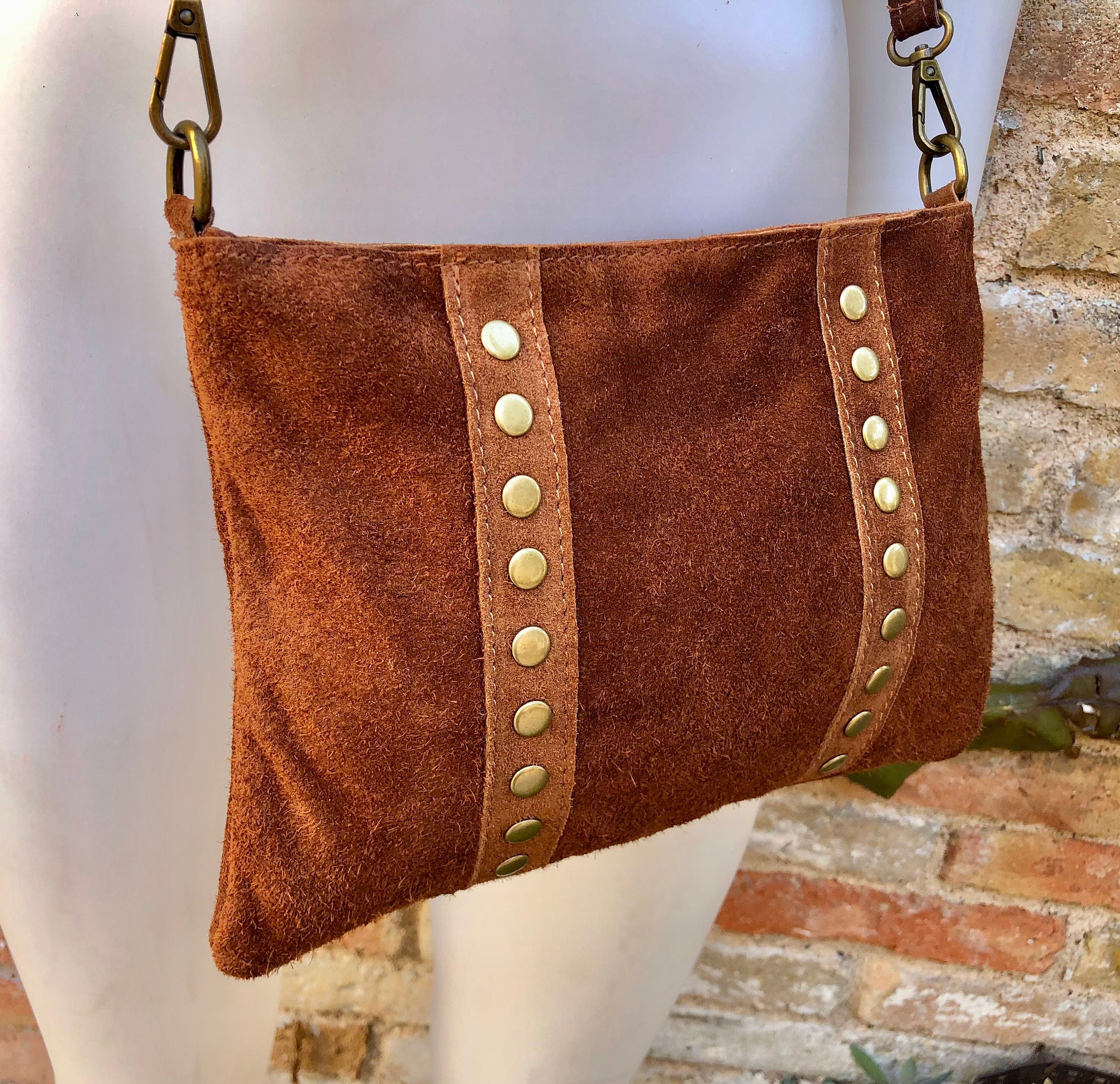 Crossbody bag. Camel BROWN boho suede leather purse with bronze color tacks Genuine suede leather messenger bag. Saddle brown crossbody bag