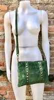 Crossbody bag. Green boho suede leather purse with bronze color tacks. Green genuine suede leather messenger bag. Moss green suede purse.