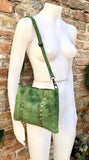 Crossbody bag. Green boho suede leather purse with bronze color tacks. Green genuine suede leather messenger bag. Moss green suede purse.