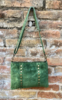 Crossbody bag. Green boho suede leather purse with bronze color tacks. Green genuine suede leather messenger bag. Moss green suede purse.