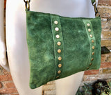 Crossbody bag. Green boho suede leather purse with bronze color tacks. Green genuine suede leather messenger bag. Moss green suede purse.