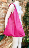 Slouch leather bag in fuchsia PINK . Large shoulder leather bag. Origami boho bag. Large magenta GENUINE leather purse. Hot PINK shopper bag