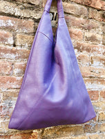 Slouch leather bag in PURPLE . Large shoulder leather bag. Origami boho bag. Large mauve GENUINE leather purse. Lavender purple shopper bag