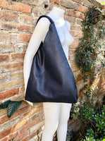 Slouch leather bag in NAVY blue . Large shoulder leather bag. Origami boho bag. Large dark blue GENUINE leather purse. Blue shopper bag