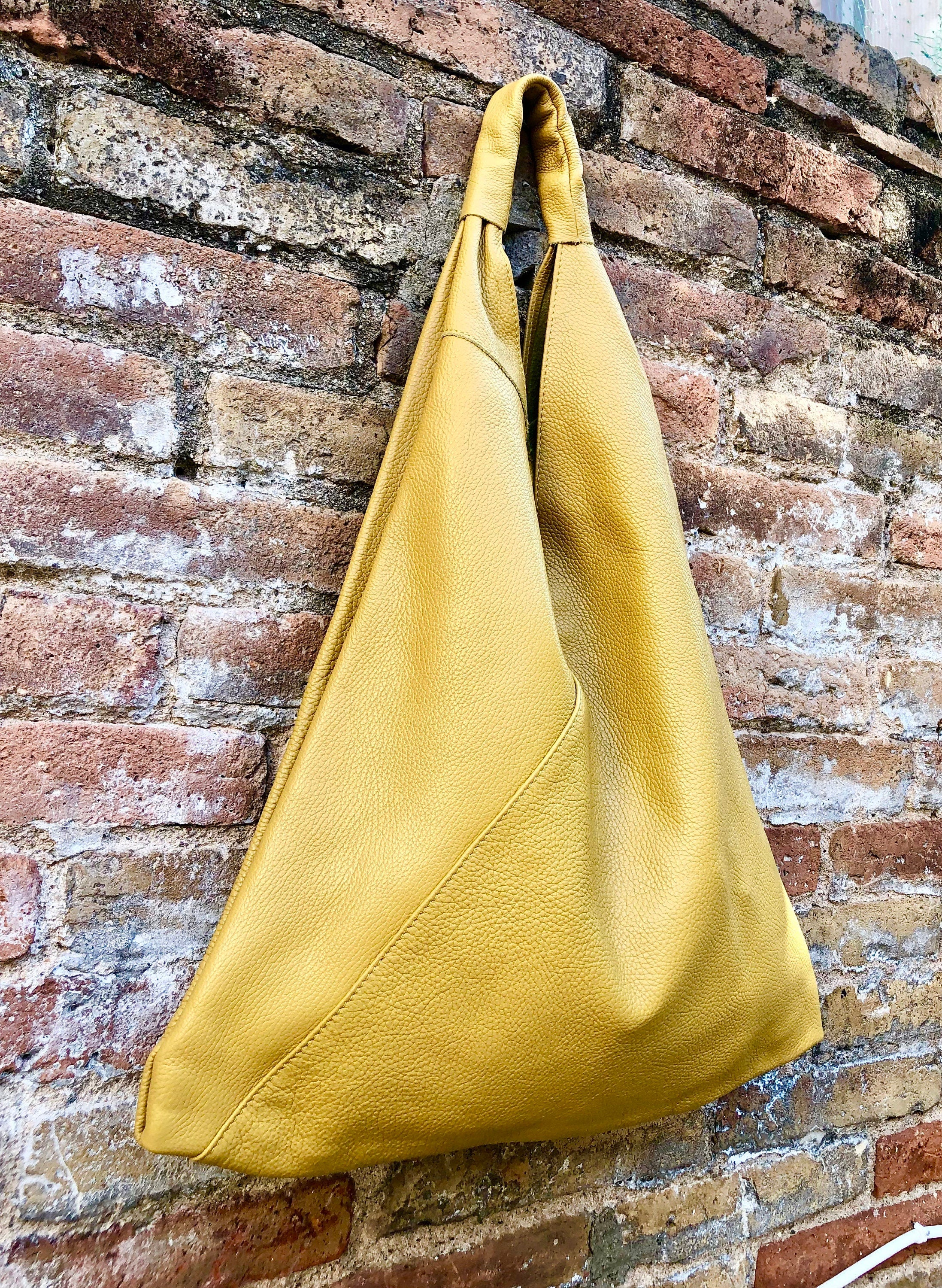 Slouch leather bag in mustard yellow . Large shoulder leather bag. Origami boho bag. Large yellow GENUINE leather purse. Yellow shopper bag