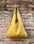 Slouch leather bag in mustard yellow . Large shoulder leather bag. Origami boho bag. Large yellow GENUINE leather purse. Yellow shopper bag