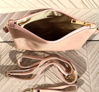 Small leather bag in light pink. Cross body, shoulder bag or wristlet in GENUINE leather. Pink purse with adjustable strap. Soft leather.