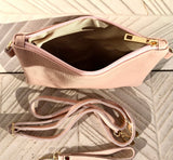 Small leather bag in light pink. Cross body, shoulder bag or wristlet in GENUINE leather. Pink purse with adjustable strap. Soft leather.