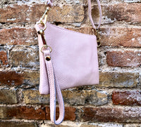 Small leather bag in light pink. Cross body, shoulder bag or wristlet in GENUINE leather. Pink purse with adjustable strap. Soft leather.