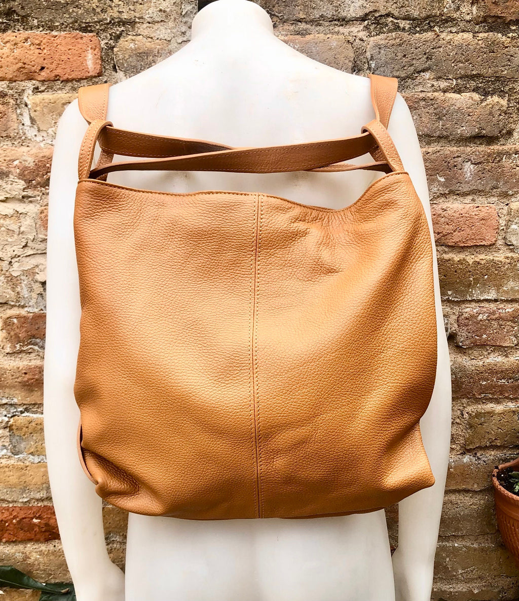 Genuine leather rucksack/ shoulder bag / crossbody in CAMEL BROWN. Soft genuine leather shopper. Carry all bag for laptops, tablets, books..