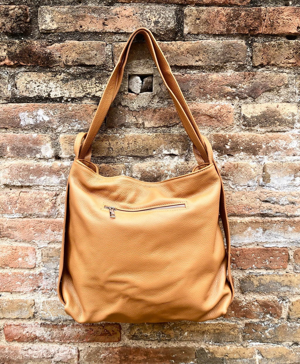 Genuine leather rucksack/ shoulder bag / crossbody in CAMEL BROWN. Soft genuine leather shopper. Carry all bag for laptops, tablets, books..