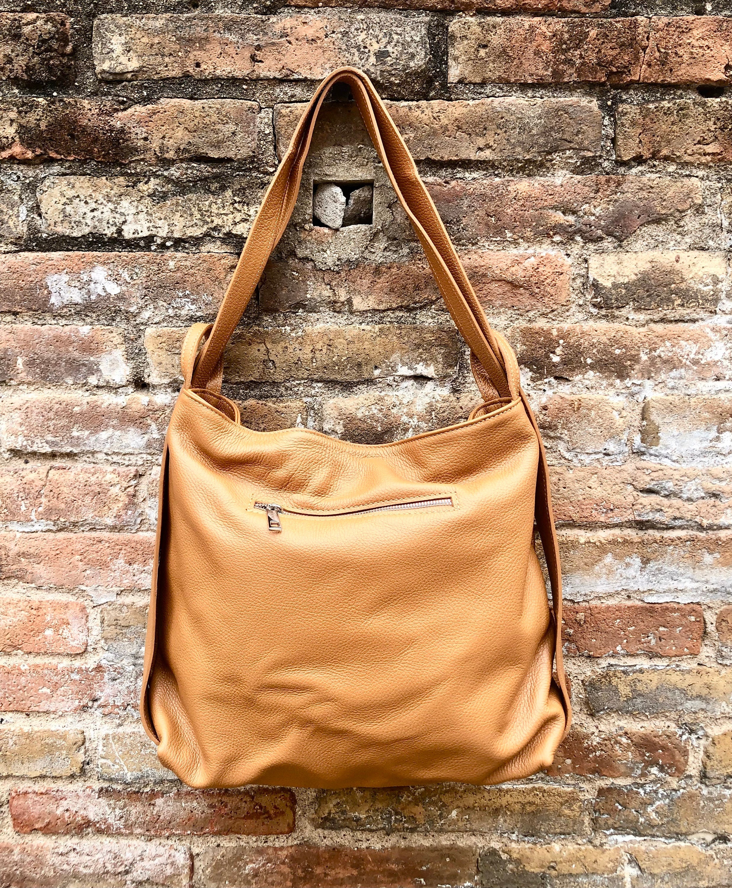 Genuine leather rucksack/ shoulder bag / crossbody in CAMEL BROWN. Soft genuine leather shopper. Carry all bag for laptops, tablets, books..