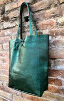 Tote leather bag in metallic green. GENUINE leather shopper. Large carry all bag for your laptop, books. Dark green large leather purse