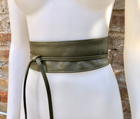 Khaki green wrap belt in soft leather. LONGER option. Waist, dress or wraparound belt in dark green genuine leather. Boho green obi belt.