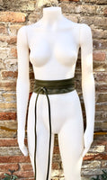 Khaki green wrap belt in soft leather. LONGER option. Waist, dress or wraparound belt in dark green genuine leather. Boho green obi belt.