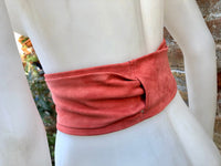 Coral RED suede wrap OBI belt. Soft natural leather waist belt. Dark salmon red - pink waparound dress belt. Wide coral suede belt.