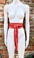 Coral RED suede wrap OBI belt. Soft natural leather waist belt. Dark salmon red - pink waparound dress belt. Wide coral suede belt.