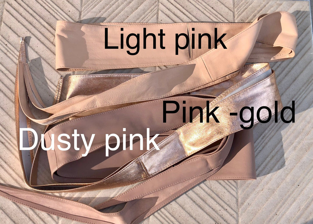 Light PINK obi belt. Soft genuine soft leather wrap belt. Wraparound waist belt. Wide style. Soft pink dress belt in metallic leather.