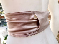 Dusty PINK obi belt. Soft genuine glitter leather wrap belt. Wraparound waist belt. Wide style. Soft pink dress belt in metallic leather.