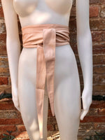 Light PINK obi belt. Soft genuine glitter leather wrap belt. Wraparound waist belt. Wide style. Soft pink dress belt in metallic leather.