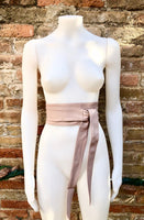 Dusty PINK obi belt. Soft genuine glitter leather wrap belt. Wraparound waist belt. Wide style. Soft pink dress belt in metallic leather.