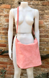 PINK Large TOTE leather bag. Soft suede, genuine leather bag. Pink suede bag. Laptop bag in suede. Large cross body bag. PINK suede purse