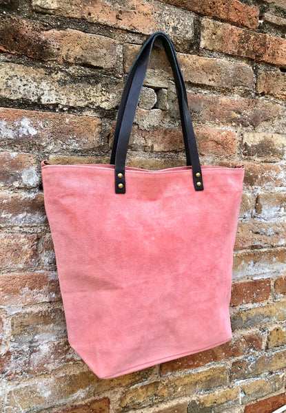 PINK Large TOTE leather bag. Soft suede, genuine leather bag. Pink suede bag. Laptop bag in suede. Large cross body bag. PINK suede purse