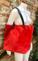 RED Large TOTE leather bag. Soft suede, genuine leather bag. Red suede bag. Laptop bag in suede. Large cross body bag. RED suede purse