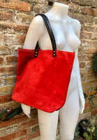 RED Large TOTE leather bag. Soft suede, genuine leather bag. Red suede bag. Laptop bag in suede. Large cross body bag. RED suede purse