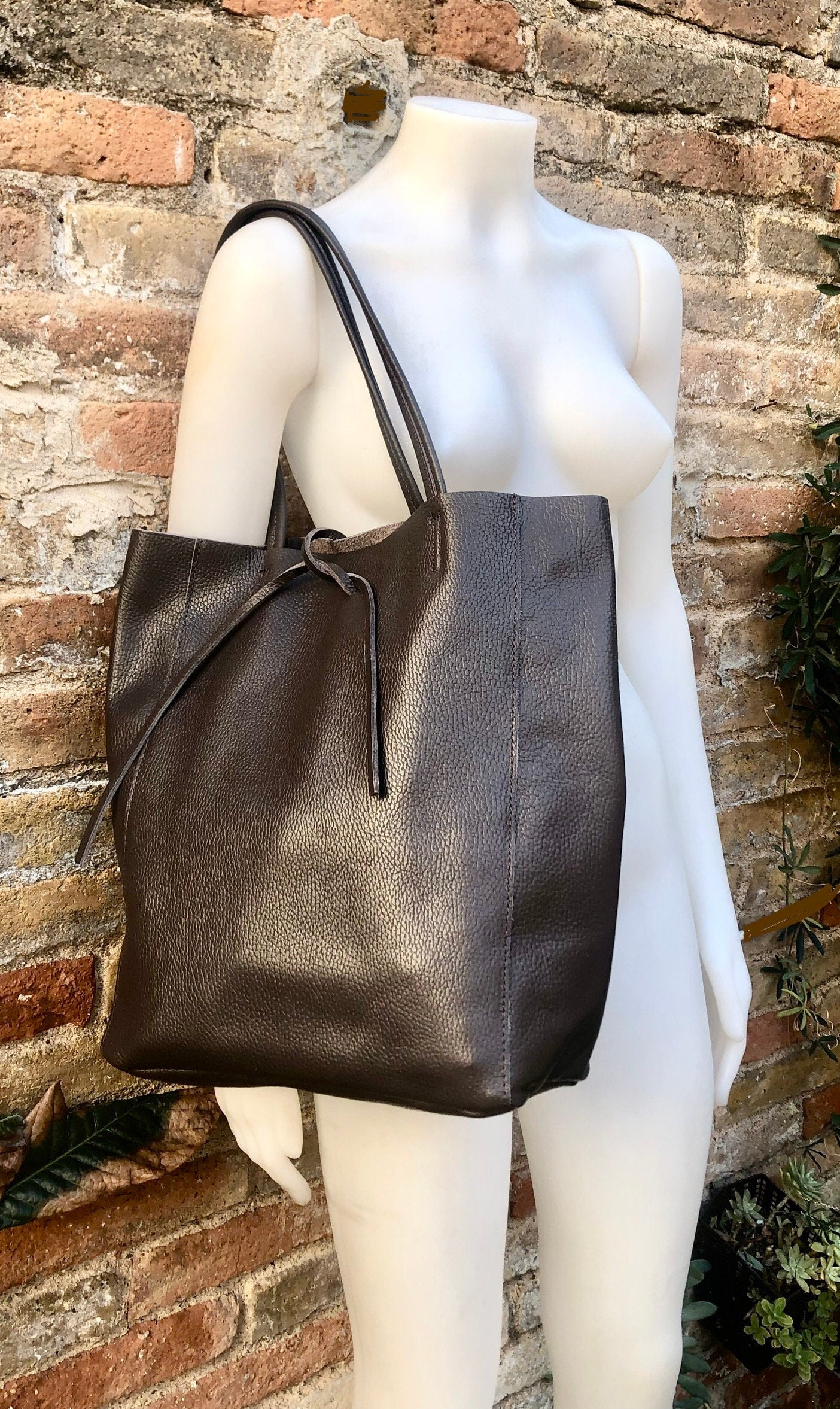 Tote leather bag in DARK brown. Leather shopper in chocolate brown. Soft natural GENUINE leather. Large brown bag for your laptop, books