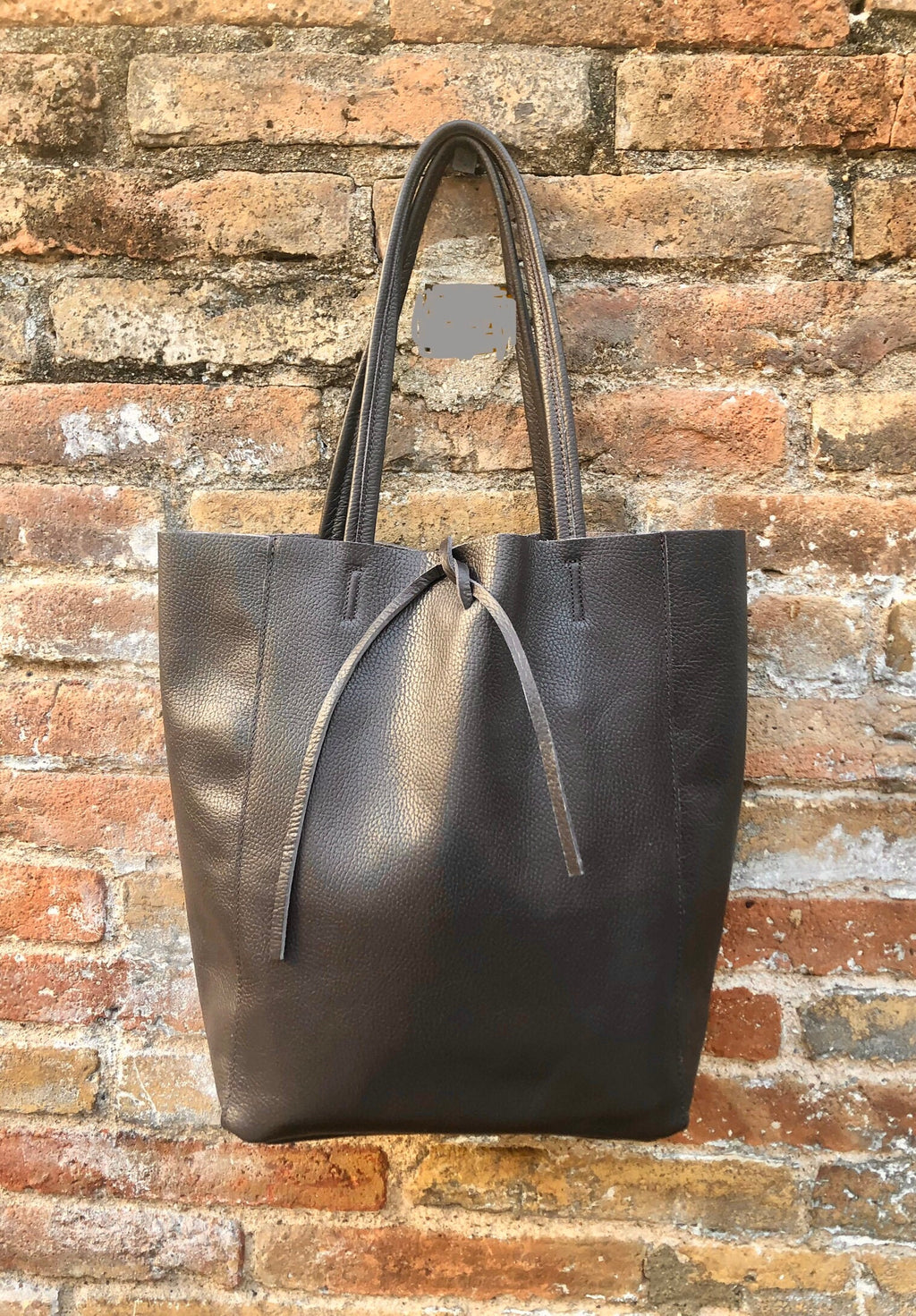 Tote leather bag in DARK brown. Leather shopper in chocolate brown. Soft natural GENUINE leather. Large brown bag for your laptop, books
