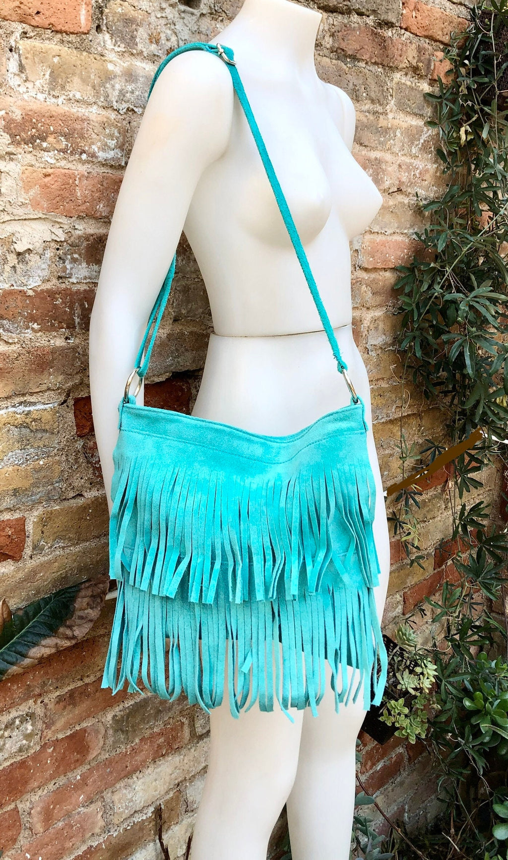 Cross body BOHO suede leather bag in light turquoise with FRINGES. Larger model. genuine suede crossbody hippy bag. Blue fringed bag