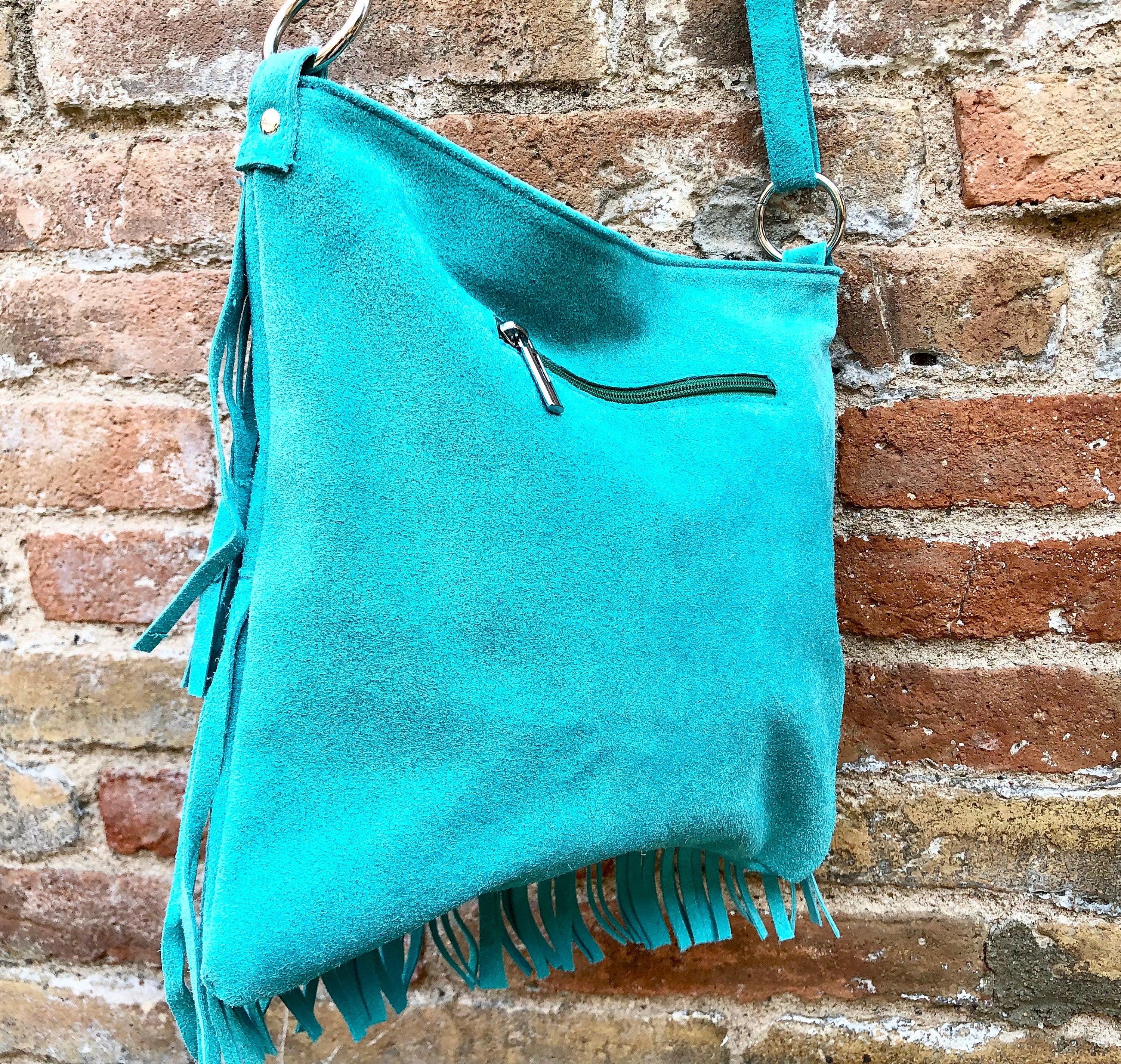 Cross body BOHO suede leather bag in light turquoise with FRINGES. Larger model. genuine suede crossbody hippy bag. Blue fringed bag