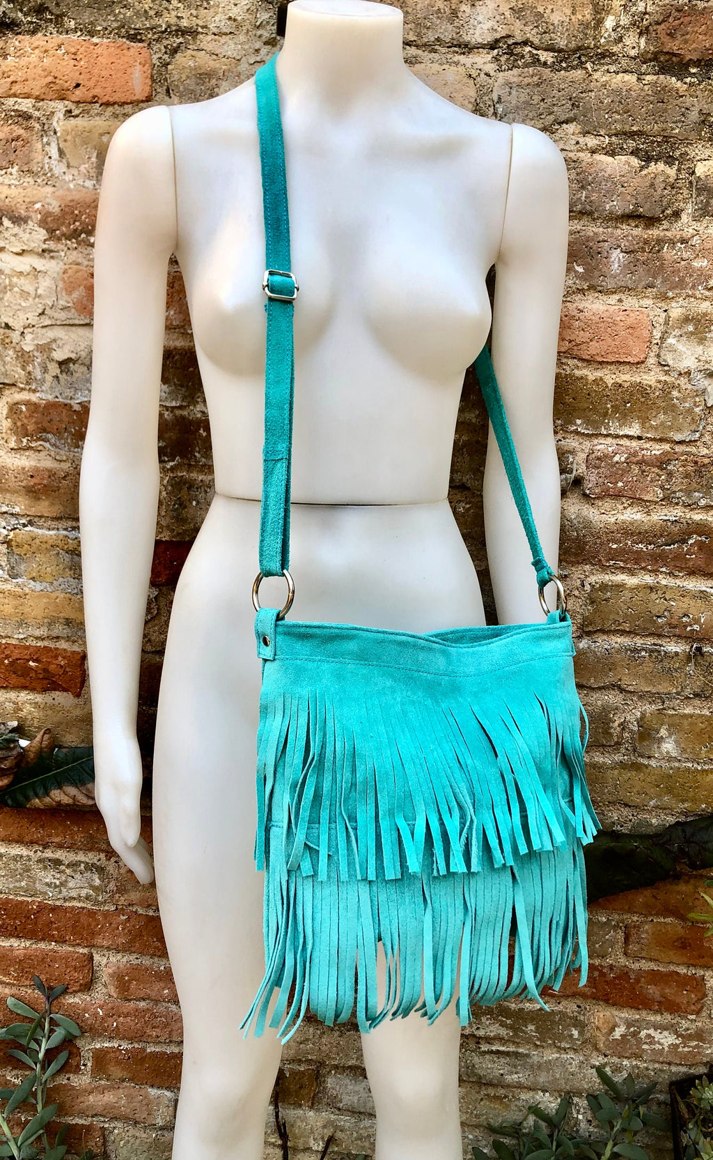 Cross body BOHO suede leather bag in light turquoise with FRINGES. Larger model. genuine suede crossbody hippy bag. Blue fringed bag