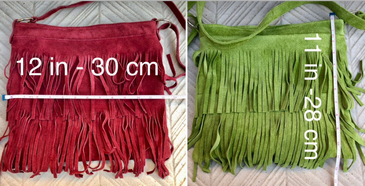 Crossbody / shoulder fringed bag. Lime yellow - green BOHO suede hippy bag. Larger style. Genuine leather acid yellow suede bag