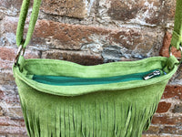 Cross body fringe bag. BOHO suede leather bag in bright GREEN with FRINGES. Larger style. Genuine suede crossbody hippy bag.Green suede bag